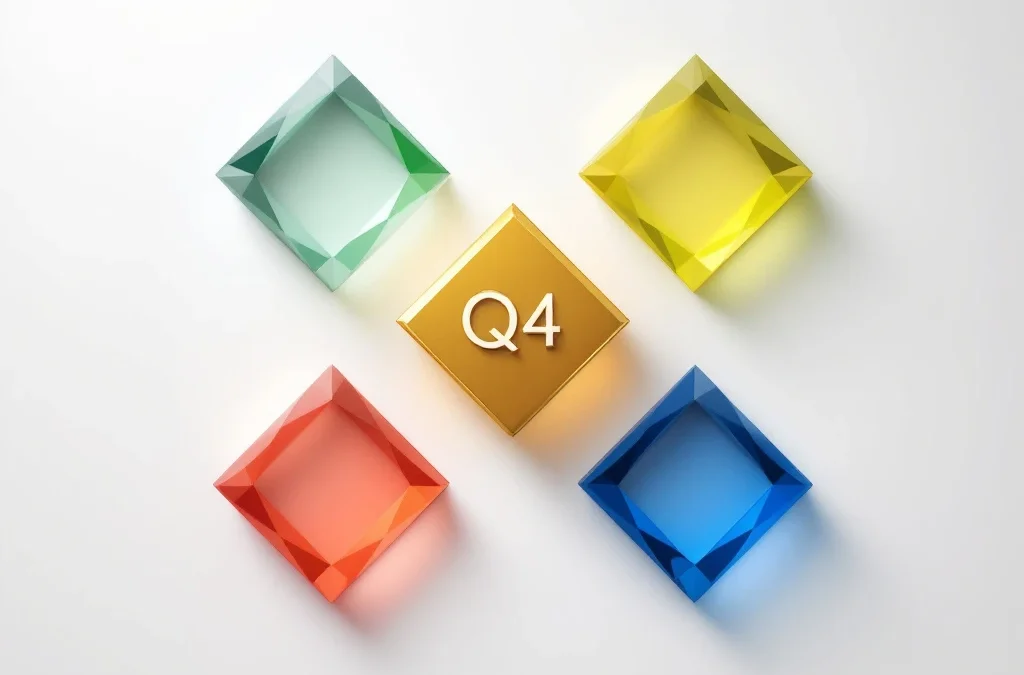 Gouden certificaat icoon tussen vier geometrische diamanten in rood, geel, groen en blauw op witte achtergrond