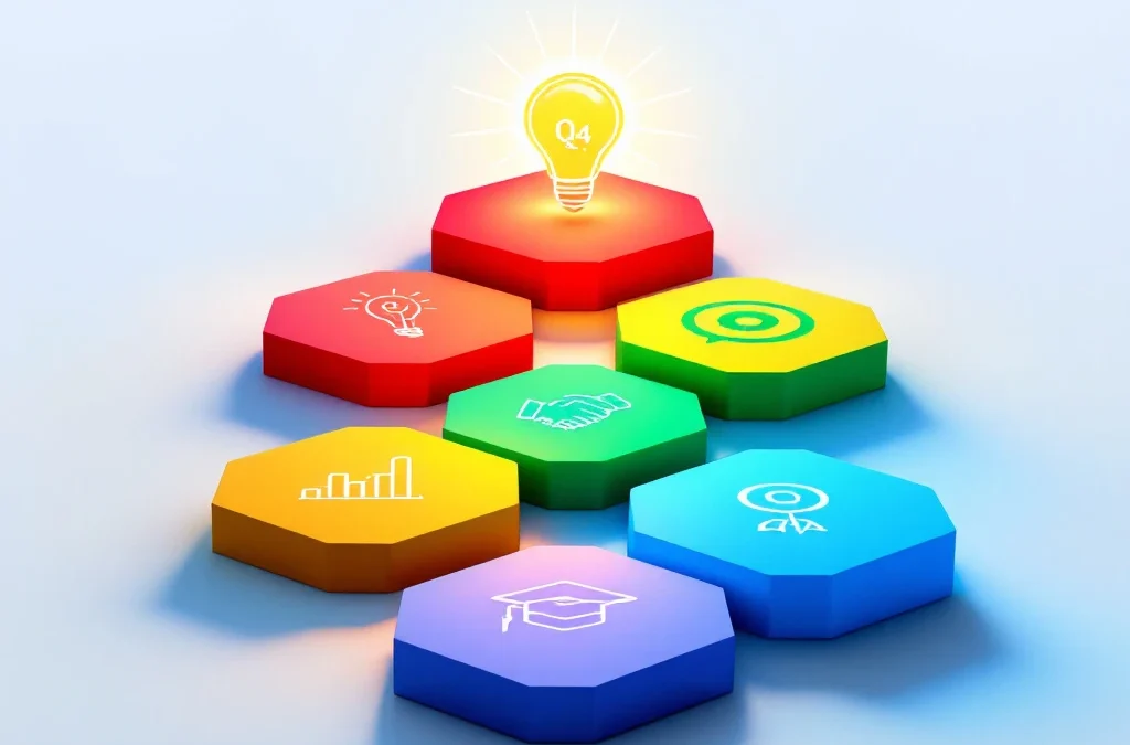 Geometrisch pad van zeshoekige stenen met vaardigheidspictogrammen leidt naar gloeiend certificaatbadge op witte achtergrond