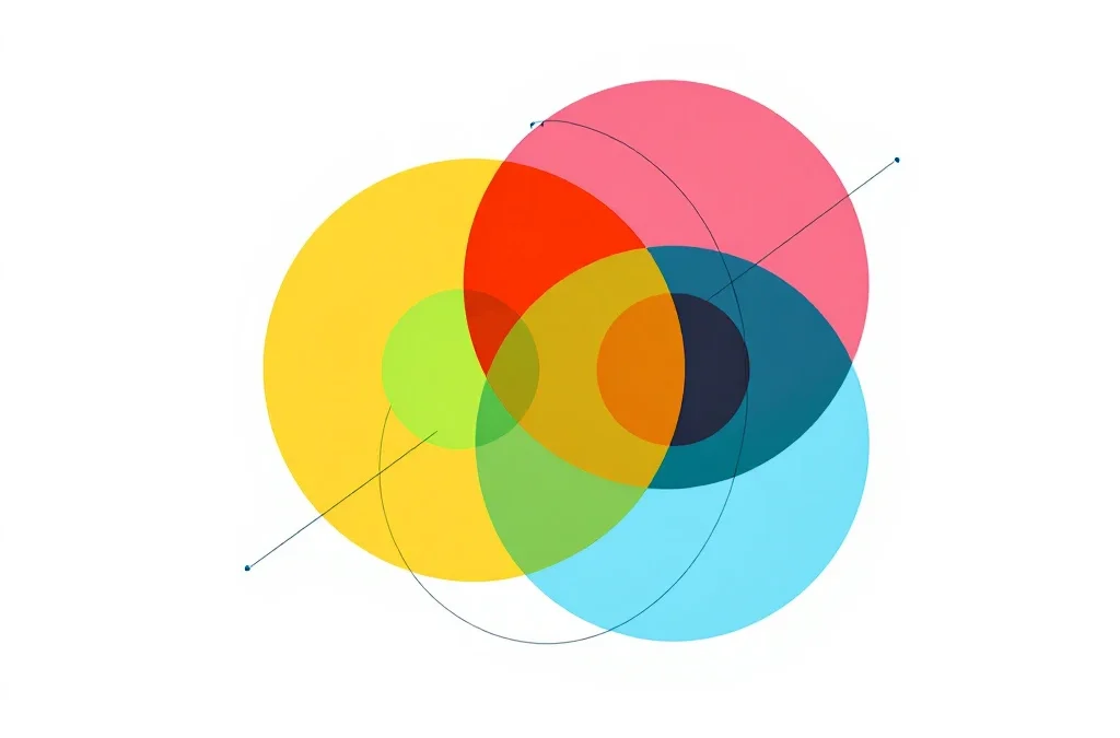 Vier overlappende geometrische cirkels in rood, geel, groen en blauw met coaching-icoon in het midden op witte achtergrond