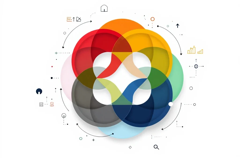 Vier onderling verbonden geometrische cirkels in rood, geel, groen en blauw vormen een coaching methodologie wiel op witte achtergrond