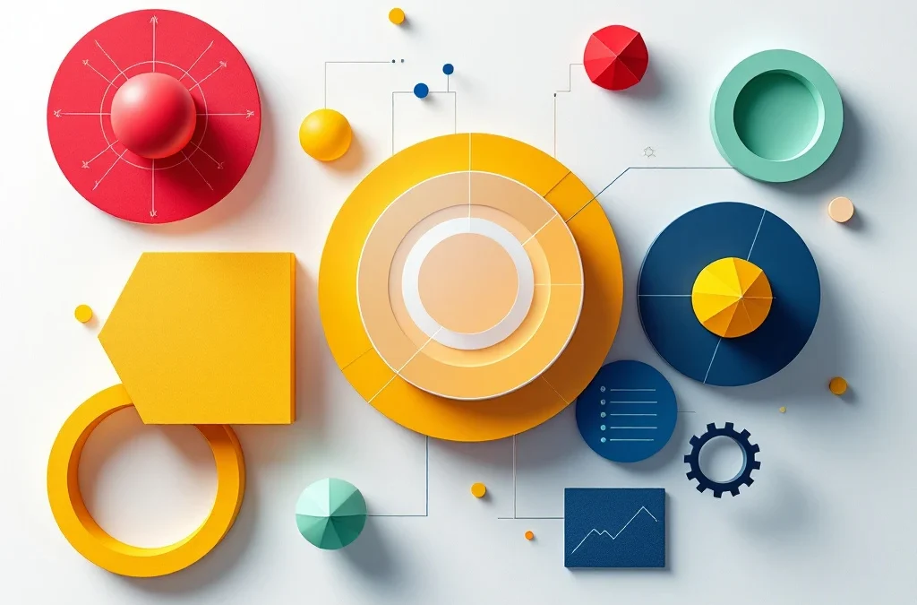 Geometrische DISC-assessment diagrammen in rood, geel, groen en blauw vormen een certificeringspad op witte achtergrond