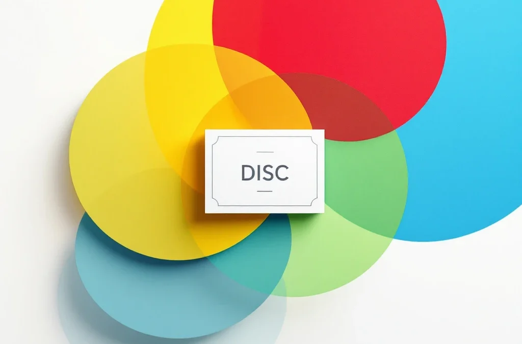 Certificaat pictogram omringd door vier overlappende cirkels in DISC kleuren rood, geel, groen en blauw op witte achtergrond