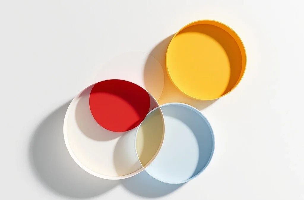 Vier onderling verbonden geometrische cirkels in rood, geel, groen en blauw met witte pijlen die coaching-relaties symboliseren