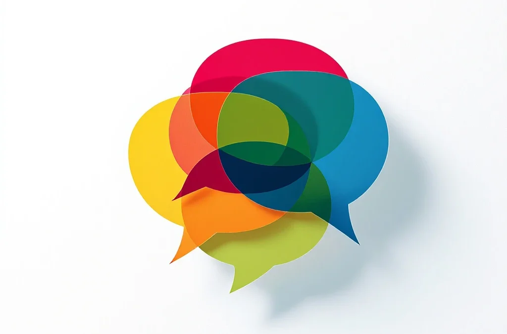 Vier onderling verbonden spraakballonnen in rood, geel, groen en blauw met pijlen naar het centrum voor communicatie.