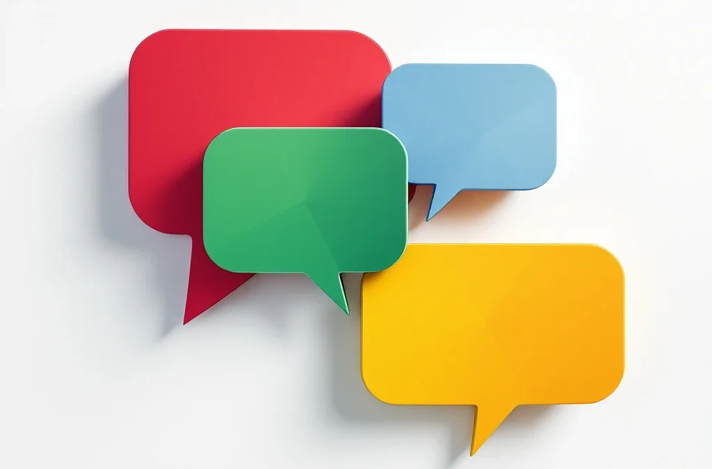 Vier geometrische communicatieballonnen in rood, geel, groen en blauw gerangschikt in een grid op witte achtergrond