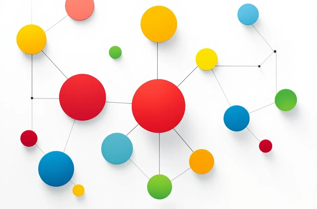 Onderling verbonden geometrische cirkels in rood, geel, groen en blauw die een netwerk vormen op witte achtergrond