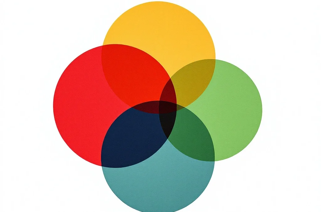 Vier onderling verbonden geometrische cirkels in DISC-kleuren (rood, geel, groen, blauw) met persoonlijkheidssymbolen