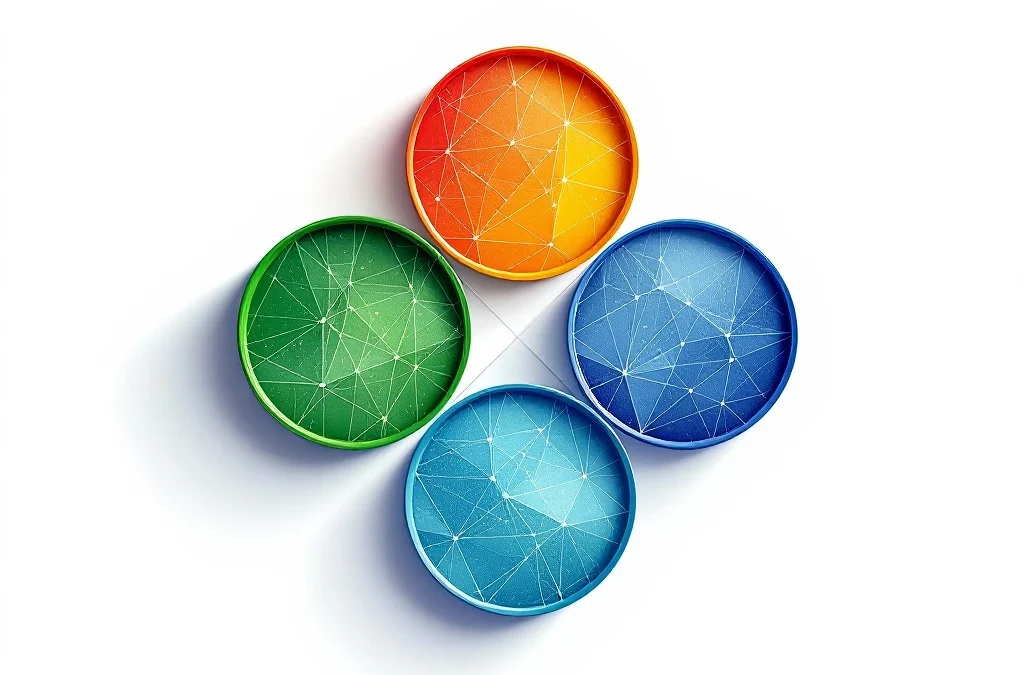 Vier onderling verbonden geometrische cirkels in rood, geel, groen en blauw in diamantvorm op witte achtergrond