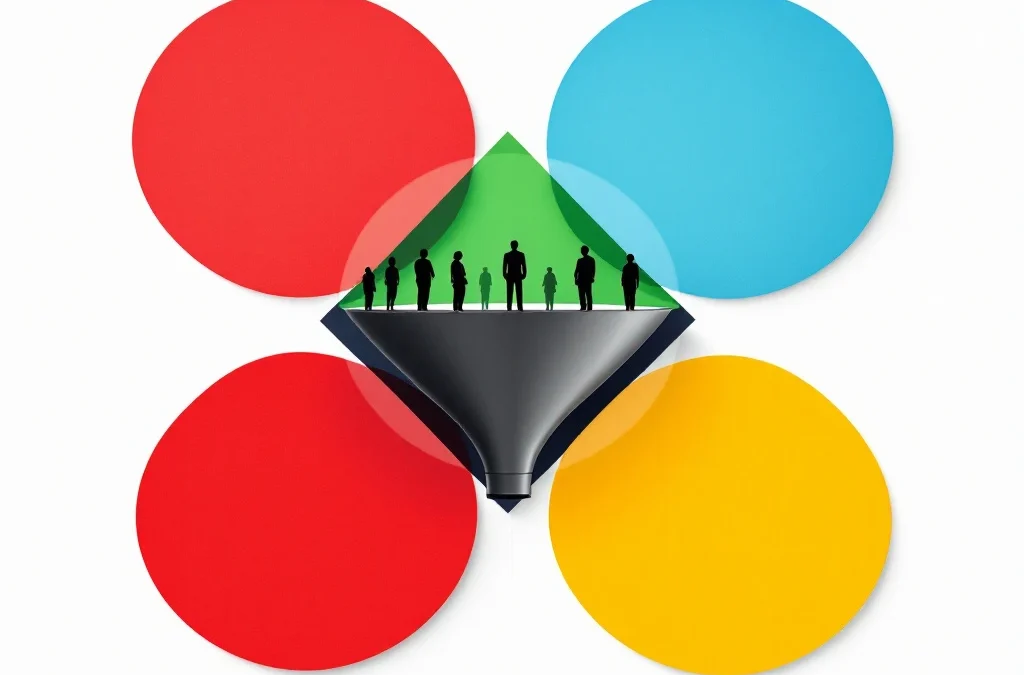 Donkergrijze trechter met menselijke silhouetten omringd door vier gekleurde cirkels in diamantvorm op witte achtergrond