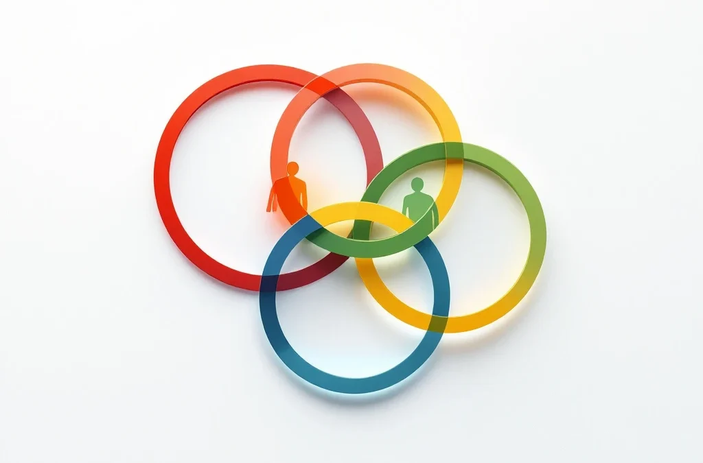 Vier onderling verbonden geometrische cirkels in rood, geel, groen en blauw met menselijke silhouetten voor teambuilding