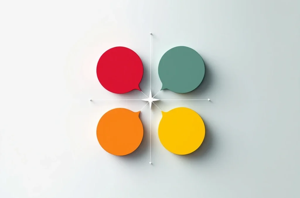 Minimalistisch DISC-persoonlijkheidstraining diagram met rode, gele, groene en blauwe geometrische vormen in rasterpatroon