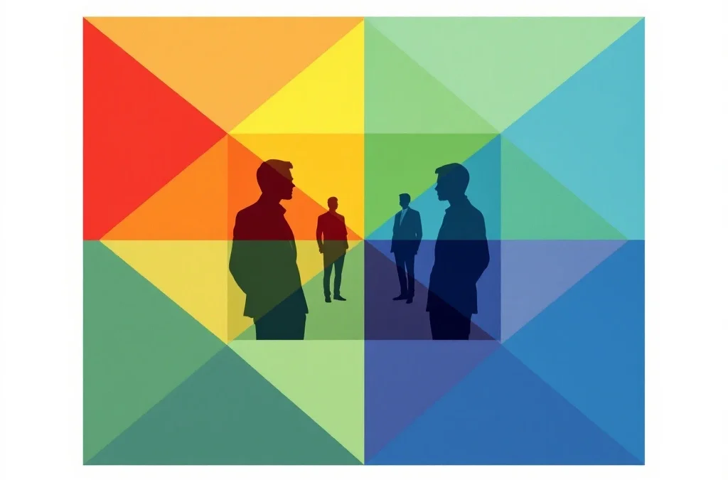 Zakelijke teamfiguren in minimalistisch DISC-kleurenschema met rode, gele, groene en blauwe kwadranten