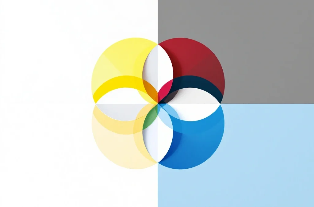 Vier geometrische cirkels in rood, geel, groen en blauw vormen een vierkante DISC-teamwerk visualisatie op witte achtergrond