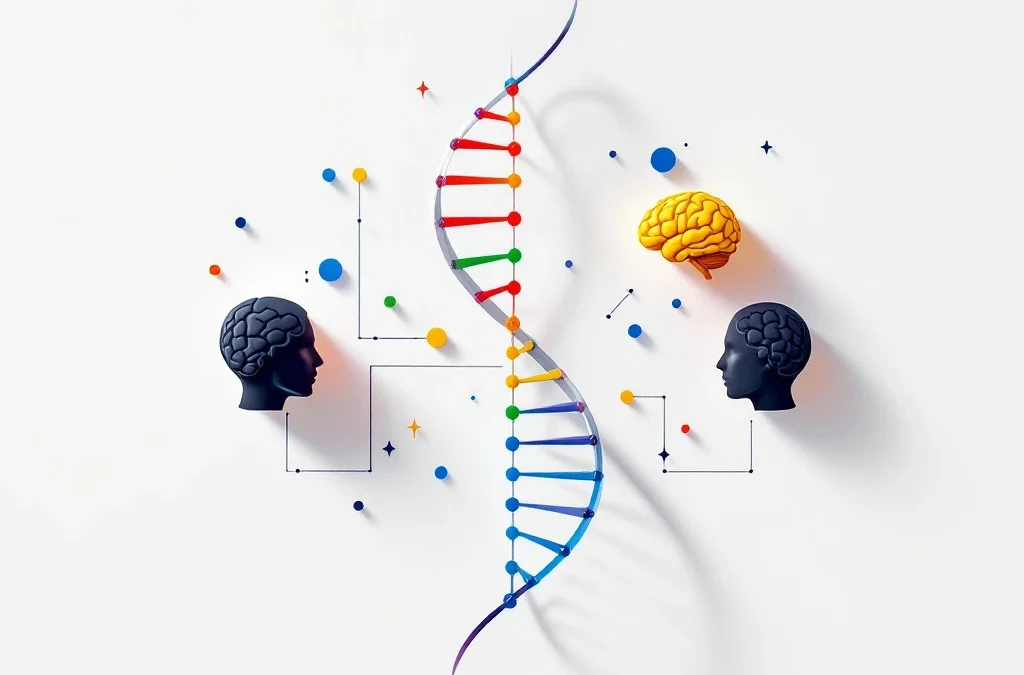 Minimalistisch DNA-dubbele helix in rood, geel, groen en blauw met zwevende hersenenpictogrammen verbonden door stippellijnen