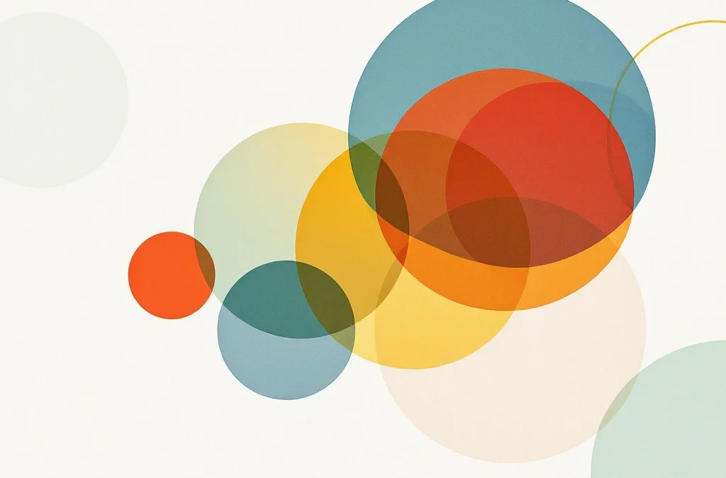 Abstracte geometrische vormen in rood, geel, groen en blauw die emotionele balans en conflictoplossing symboliseren op witte achtergrond