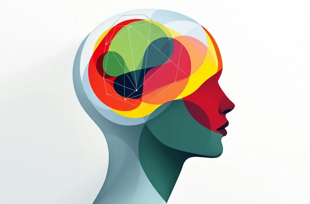 Abstracte menselijke hoofdsilhouet met vier gekleurde emotionele zones in rood, geel, groen en blauw op witte achtergrond