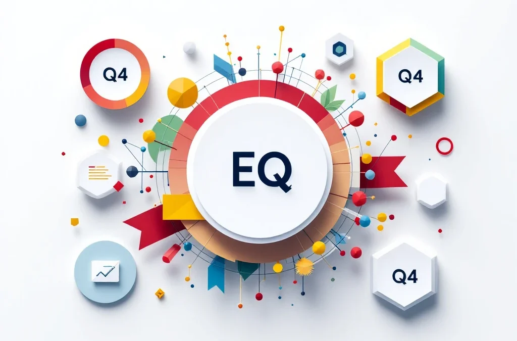 EQ-symbool omgeven door geometrische certificeringsbadges in rood, geel, groen en blauw op witte achtergrond