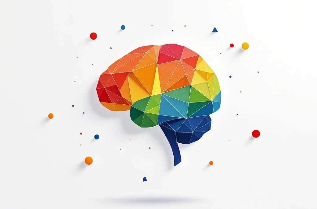 Geometrische hersenvorm met vier gekleurde secties in rood, geel, groen en blauw op witte achtergrond