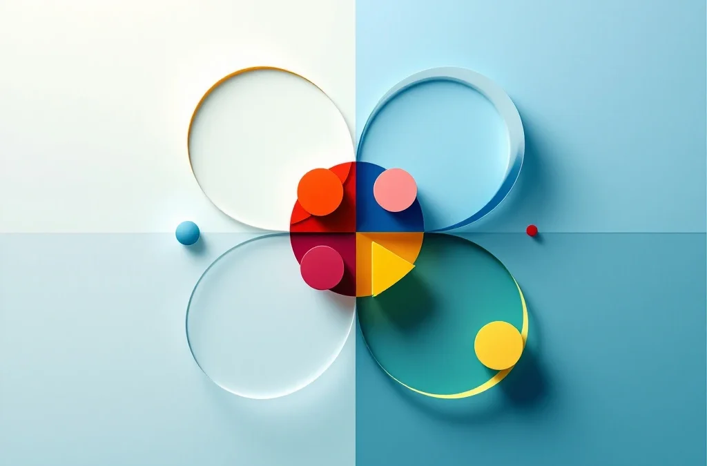 Abstracte geometrische vormen in rood, geel, groen en blauw die emotionele intelligentie en werkplek harmonie symboliseren