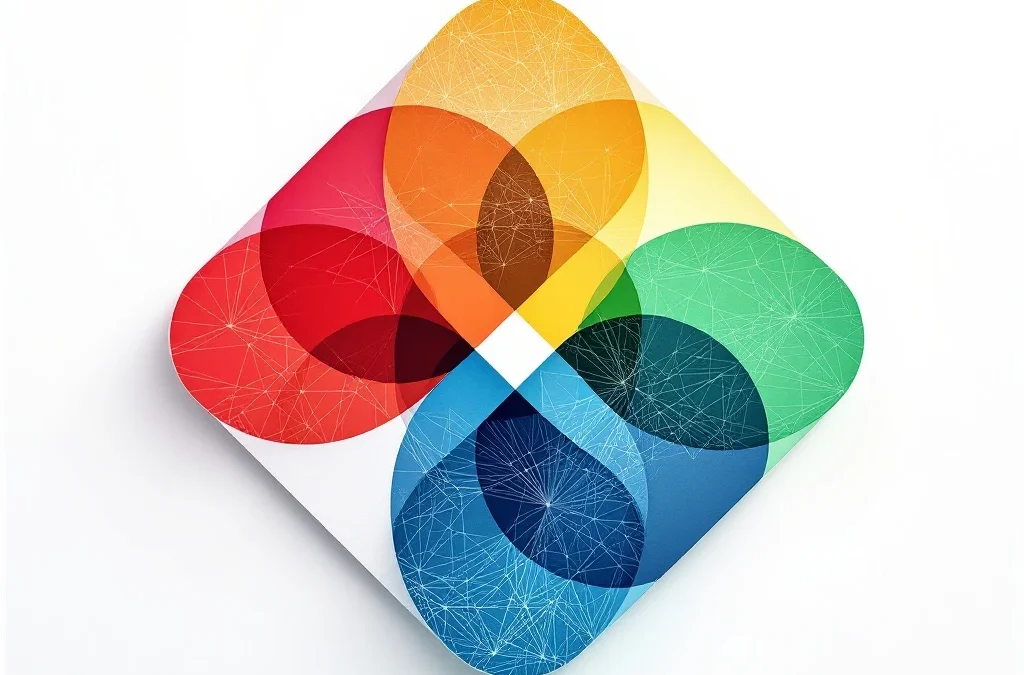 Vier onderling verbonden geometrische cirkels in rood, geel, groen en blauw met neurale netwerkpatronen op witte achtergrond