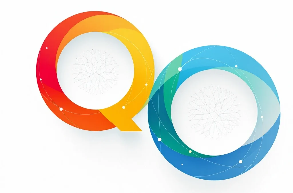 Vier onderling verbonden cirkels in rood, geel, groen en blauw met neurale netwerkpatronen voor emotionele intelligentie