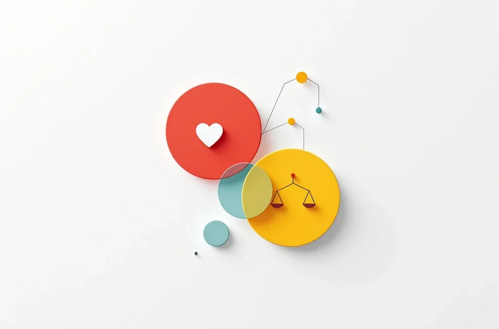 Vier onderling verbonden gekleurde cirkels met emotionele symbolen zoals hart, hersengolven en weegschaal op witte achtergrond.