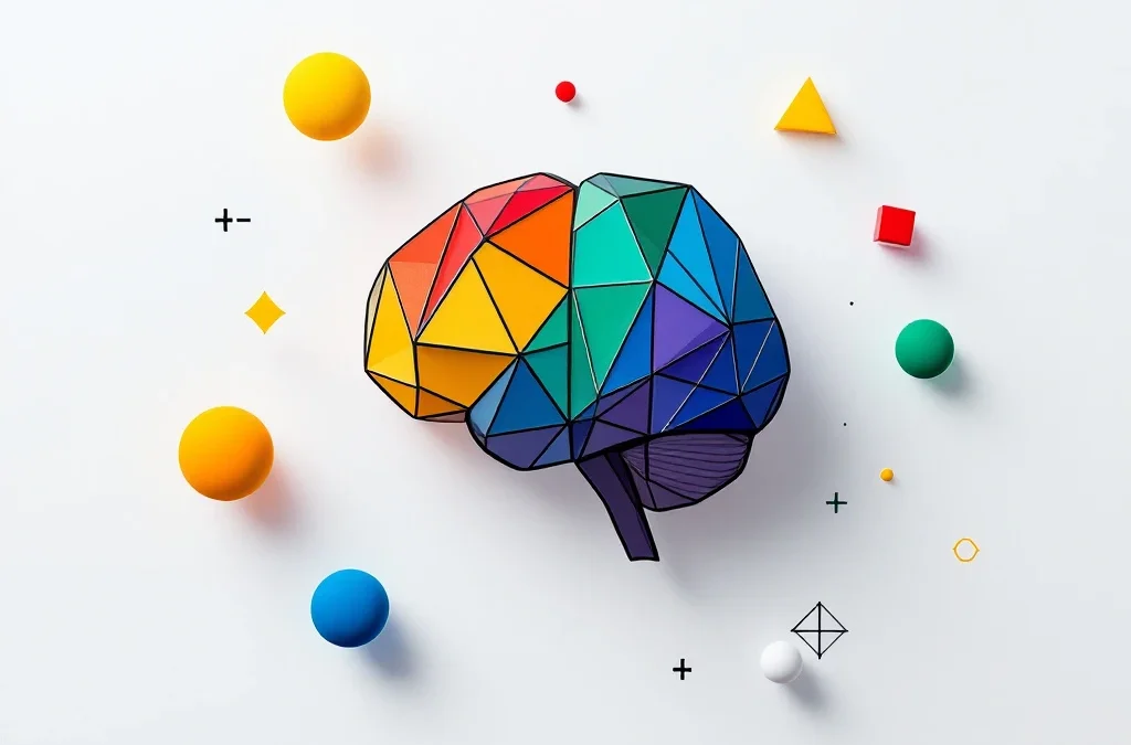 Geometrisch hersensilhouet in vier kleursegmenten omringd door zwevende vormen op witte achtergrond