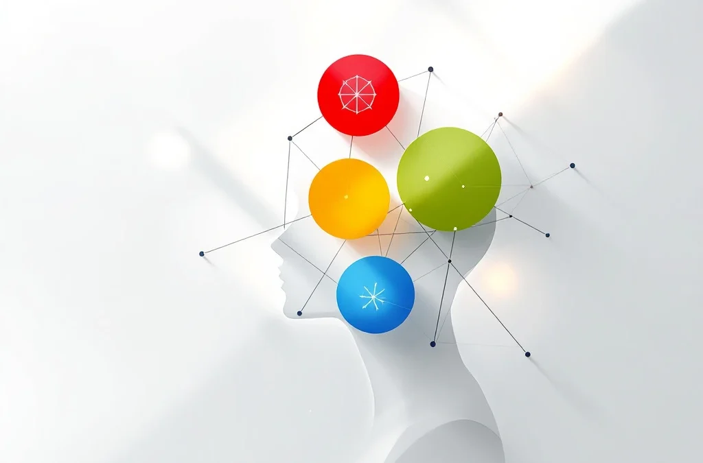 Abstracte menselijke hoofdsilhouet met vier gekleurde cirkels in rood, geel, groen en blauw die emotionele intelligentie voorstellen