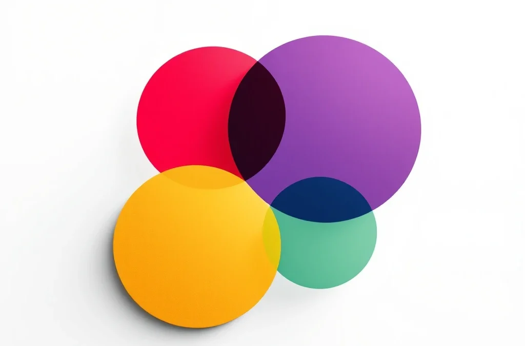 Abstracte geometrische vormen in rood, geel, groen en blauw die emotionele balans en communicatie symboliseren op witte achtergrond