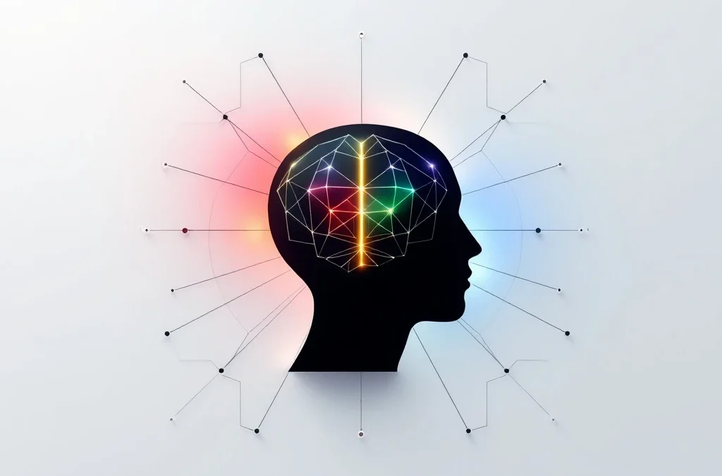 Abstracte hersenvorm met vier gekleurde secties voor emotionele intelligentie op witte achtergrond