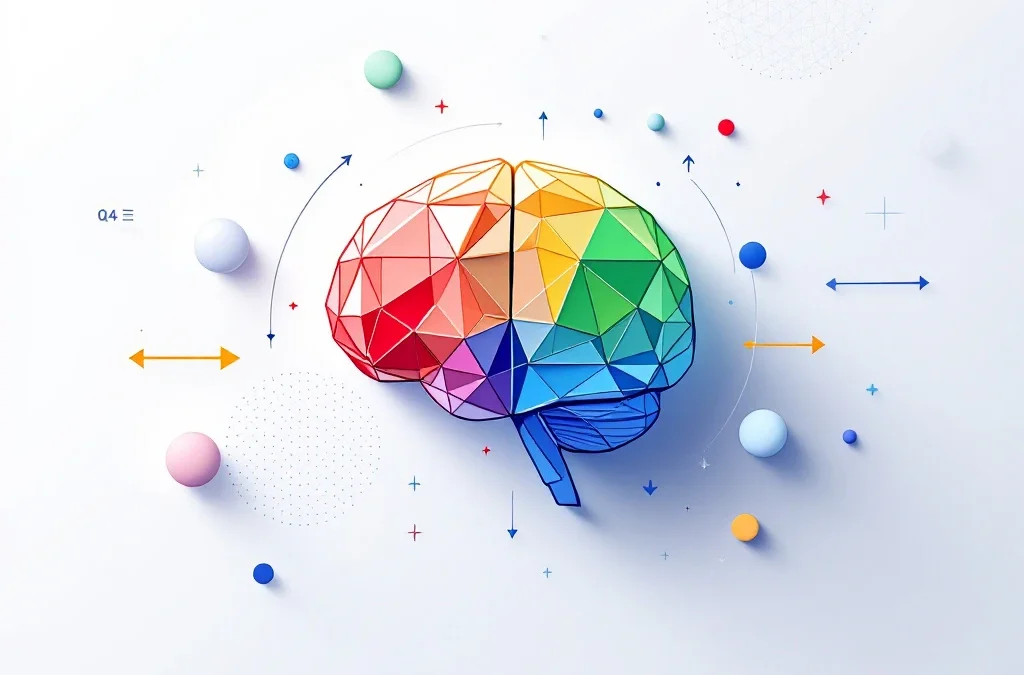 Geometrische hersenvorm gemaakt van rode, gele, groene en blauwe lijnen met circulaire elementen en staafdiagrammen op witte achtergrond