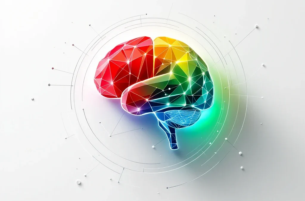 Geometrisch brein silhouet met rode, gele, groene en blauwe gradiënten, omringd door verbindingsnetwerken op witte achtergrond