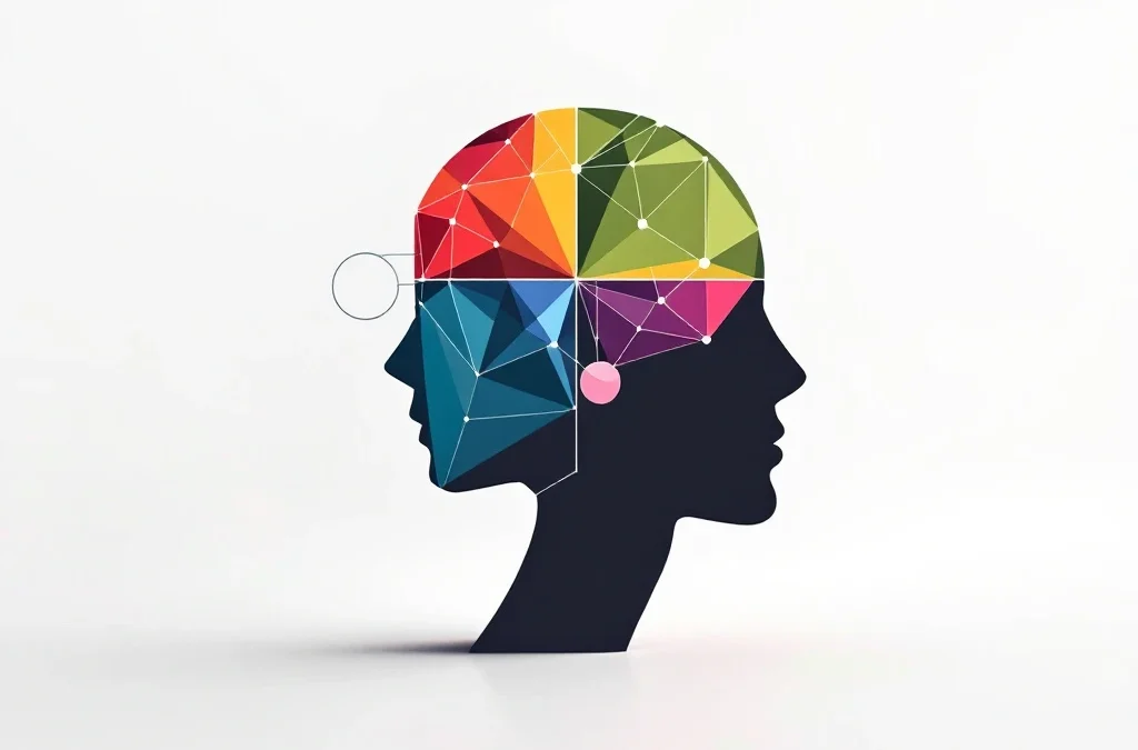 Abstracte menselijke hoofdsilhouet met vier gekleurde hersengebieden in rood, geel, groen en blauw op witte achtergrond