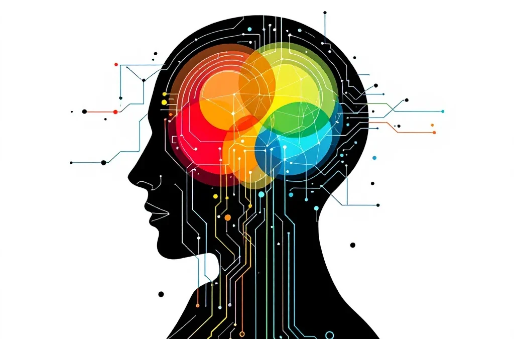 Abstracte menselijke hoofdsilhouet met vier gekleurde golven in rood, geel, groen en blauw die emotionele intelligentie symboliseren