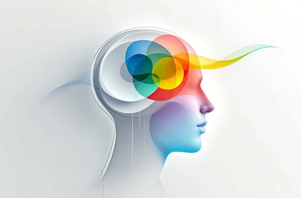 Abstracte menselijke hoofdsilhouet met vier gekleurde emotionele zones in rood, geel, groen en blauw op witte achtergrond