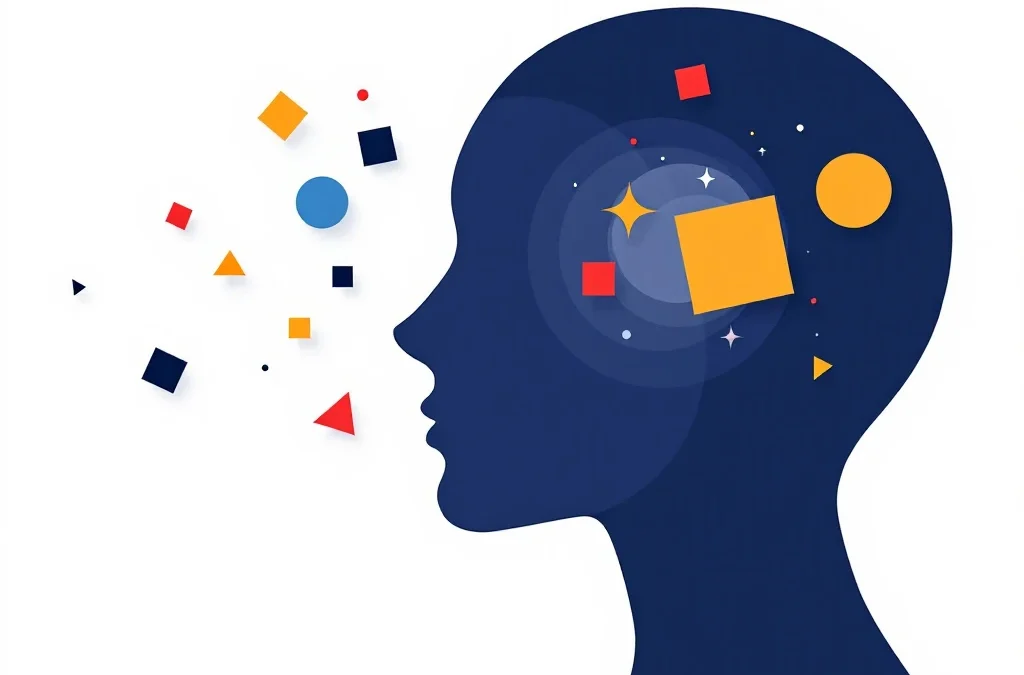 Minimalistisch hoofd silhouet met vier emotionele zones in rood, geel, groen en blauw met geometrische vormen op witte achtergrond