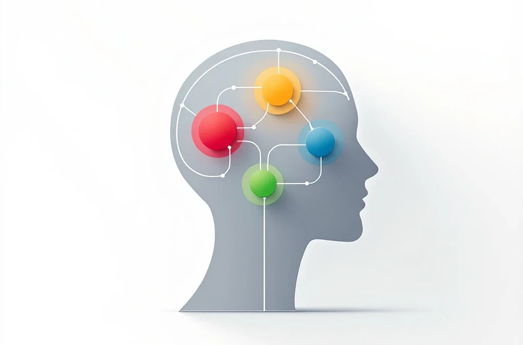 Geometrisch hoofd silhouet met vier gekleurde cirkels die emotionele intelligentie componenten voorstellen op gradiënt achtergrond