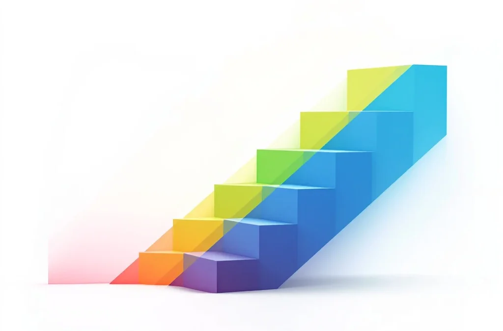 Geometrische trappen in rood, geel, groen en blauw die emotionele intelligentie ontwikkeling vertegenwoordigen op witte achtergrond