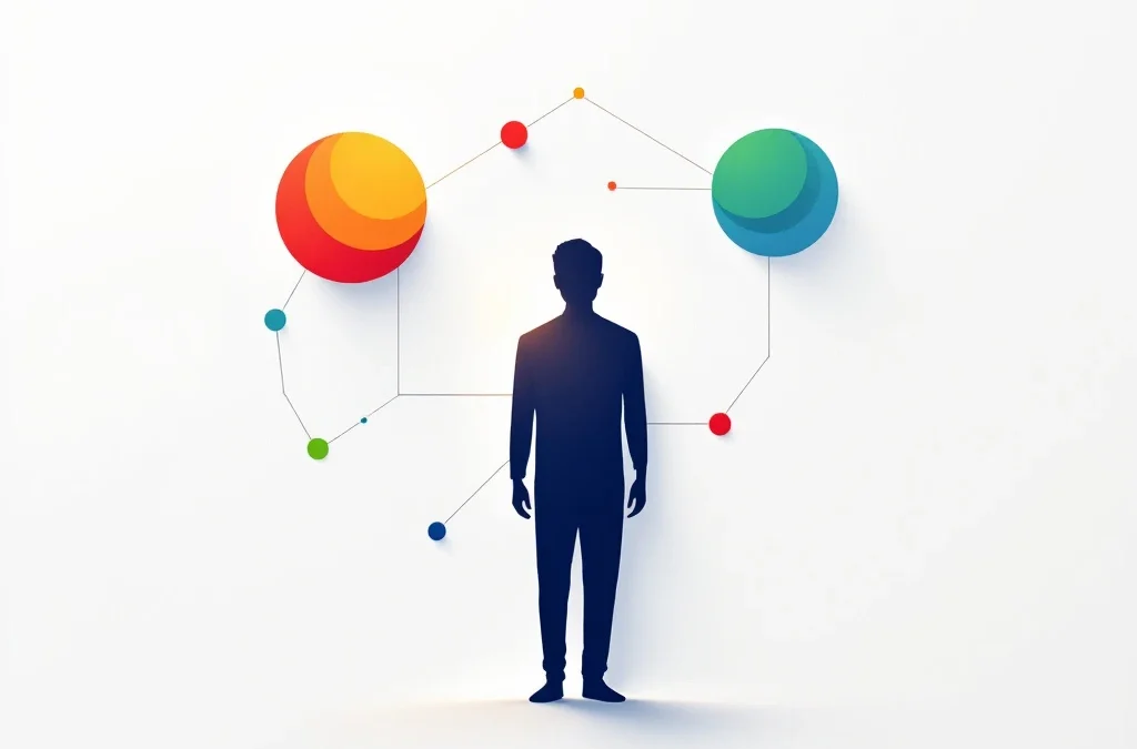 Abstracte menselijke silhouet omringd door vier gekleurde cirkels in rood, geel, groen en blauw op witte achtergrond