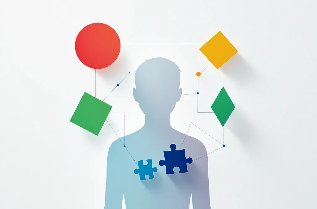 Abstracte menselijke silhouet met vier geometrische vormen in rood, geel, groen en blauw verbonden door lijnen op witte achtergrond