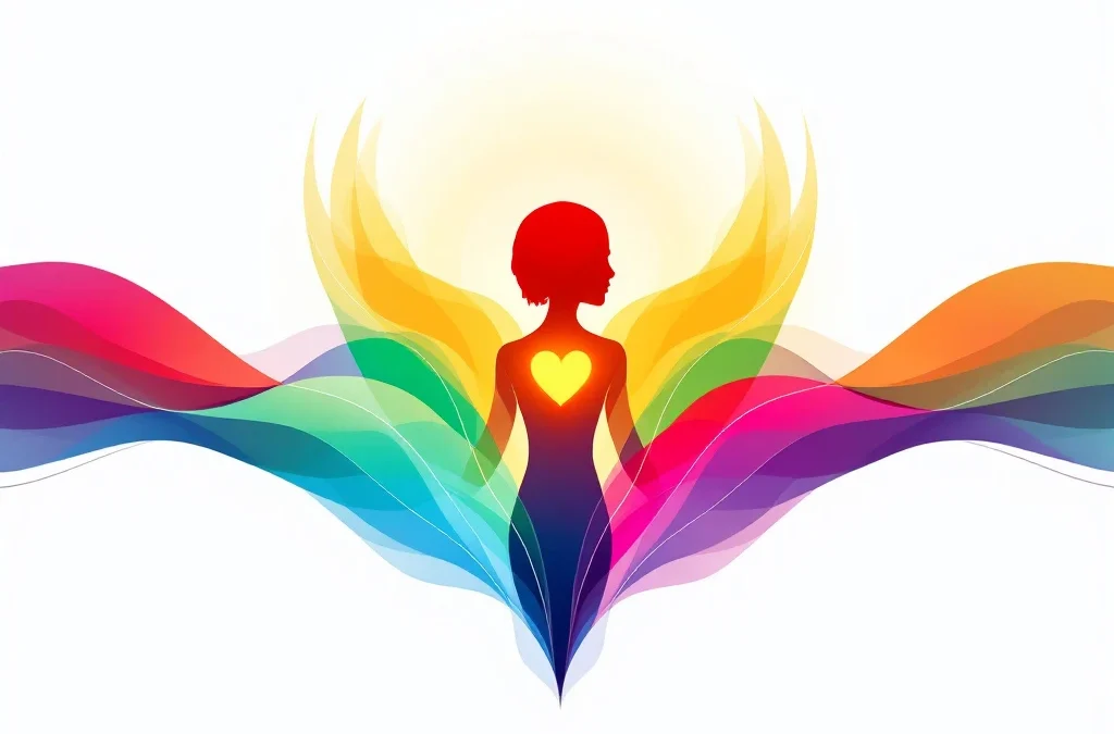 Abstracte menselijke silhouet met hart-brein verbinding omringd door kleurrijke energiegolven voor stressmanagement