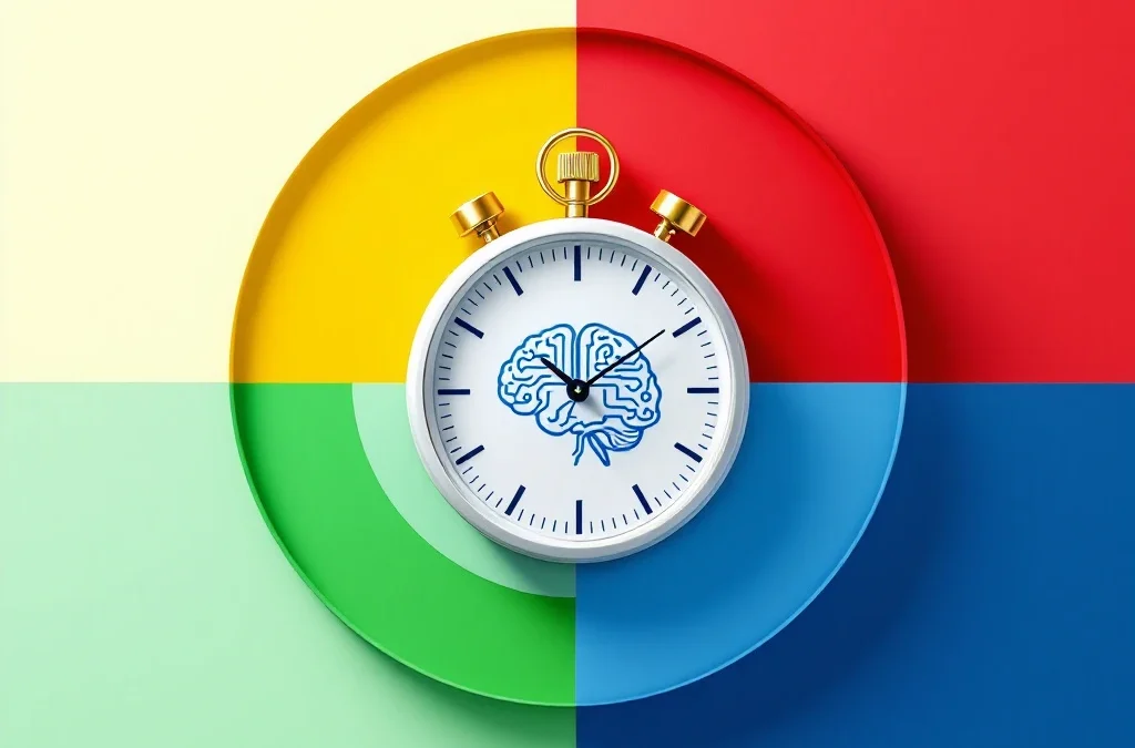 Gestileerde stopwatch met hersencircuitpatronen omringd door rode, gele, groene en blauwe kwadranten op witte achtergrond