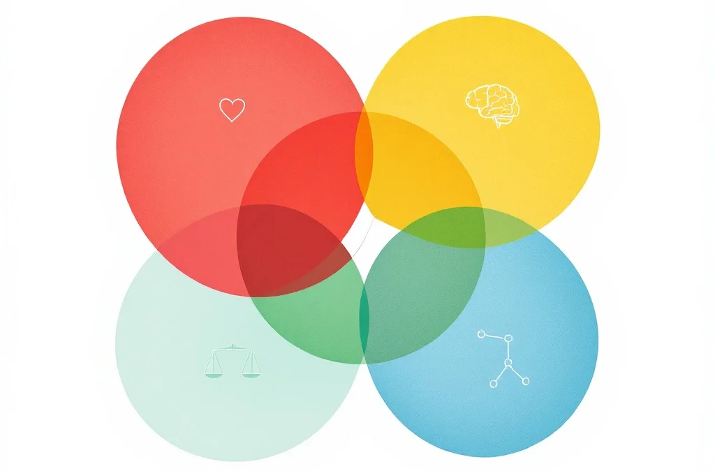 Vier onderling verbonden geometrische cirkels in rood, geel, groen en blauw met symbolen voor emotionele vaardigheden