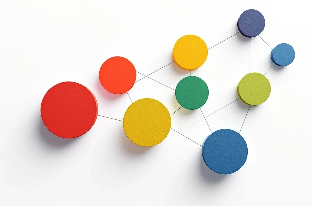 Vijf onderling verbonden geometrische cirkels in rood, geel, groen, blauw en wit die emotionele intelligentie componenten voorstellen