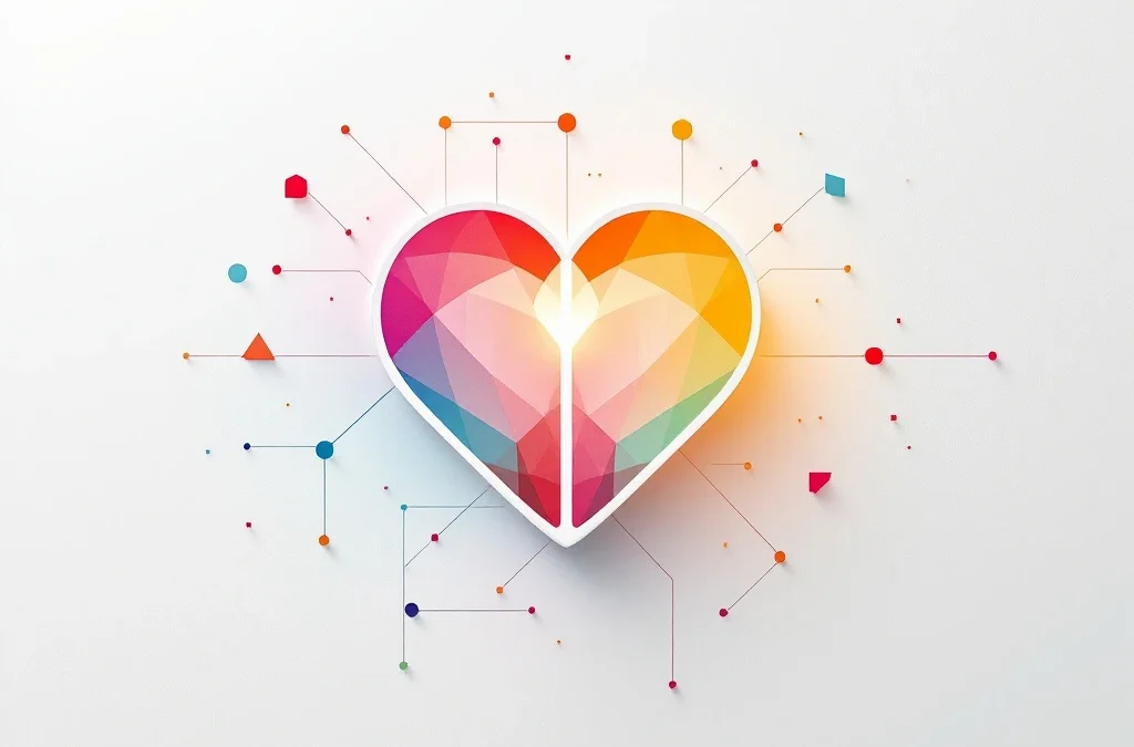 Abstract hart-brein symbool in geometrische lijnen met warme rode en koele blauwe tinten op minimalistische witte achtergrond