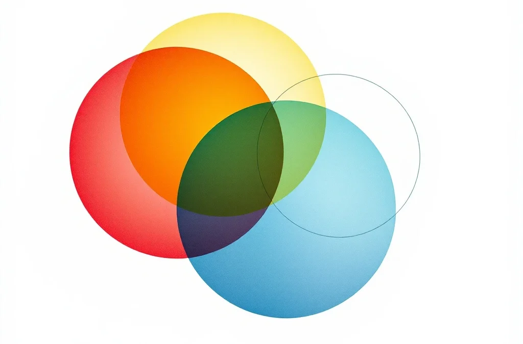 Vier in elkaar grijpende gekleurde cirkels in spiraalpatroon met menselijke silhouetten, verbonden door lijnen op witte achtergrond.