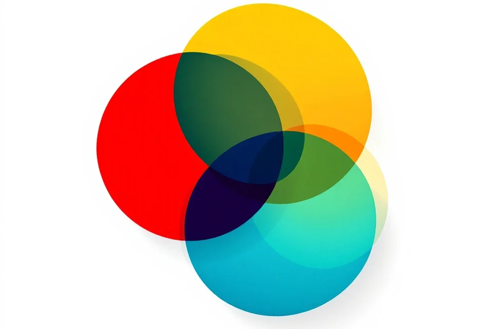 Vier overlappende geometrische cirkels in rood, geel, groen en blauw met kruispatroon op witte achtergrond