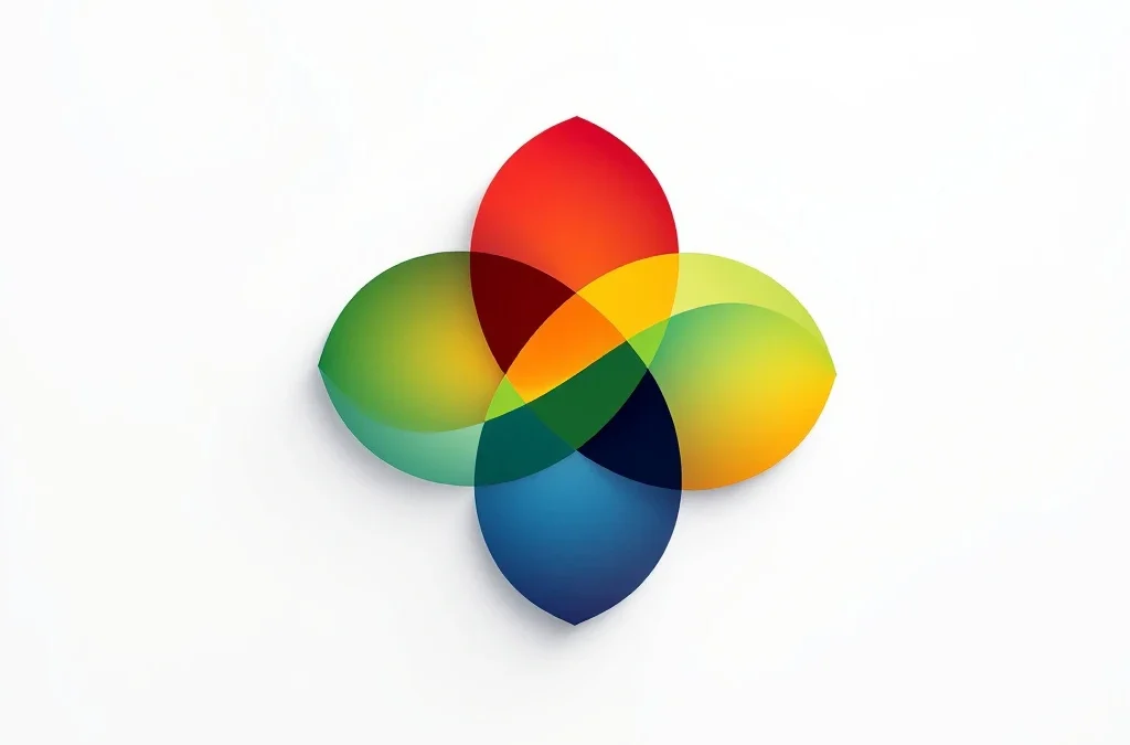 Vier onderling verbonden geometrische cirkels in rood, geel, groen en blauw gerangschikt in een diamantpatroon op wit