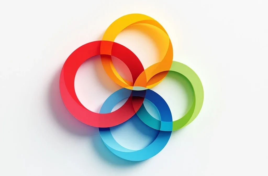 Vier onderling verbonden geometrische cirkels in rood, geel, groen en blauw gerangschikt in diamantvorm op witte achtergrond