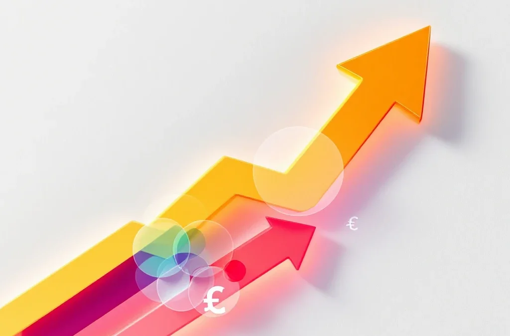 Geometrische pijlen in rood, geel, groen en blauw stijgen diagonaal omhoog, met euro-symbolen en DISC-kleurenwiel op witte achtergrond